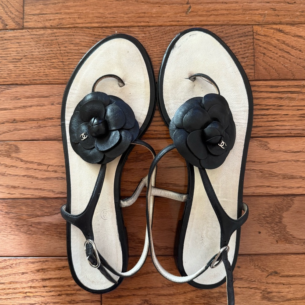 Chanel black Camellia flower sandals
